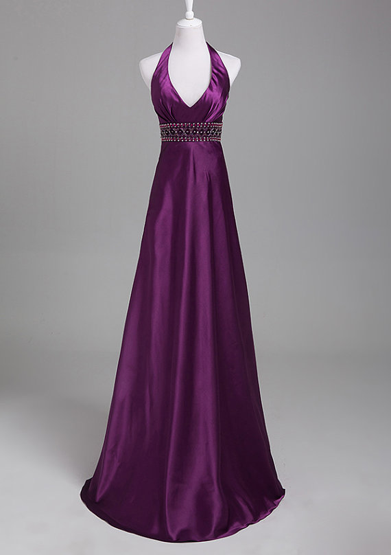 Elegant Halter Neckline Long Purple Bridesmaid Dresses, Bridesmaid ...