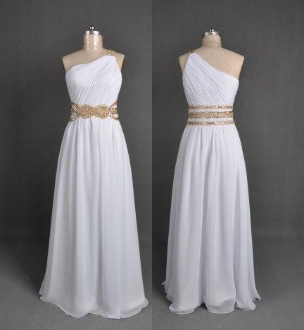 Pretty White One Shoulder Chiffon Prom Dresses 2016, White Prom Gowns, Evening Gowns, Formal Gowns, Party Dresses
