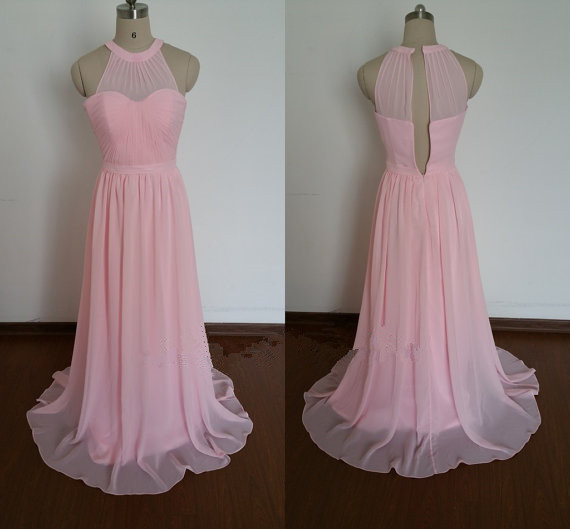 Pretty Pink Halter Neckline Prom Dresses, Pink Bridesmaid Dresses, Pink Formal Dresses, Pink Evening Dresses