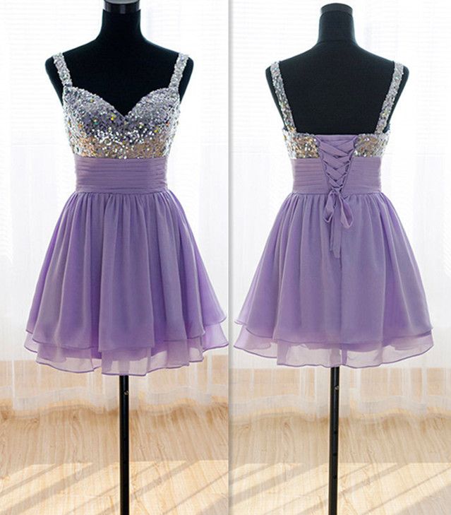 Pretty Lavender Short Chiffon Sequins Prom Dresses, Light Purple Homecoming Dresses, Graduation Dresses, Short Prom Dresses
