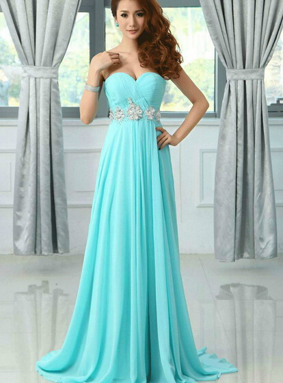 Pretty Light Blue Chiffon Sweetheart Beadings Prom Dresses 2016, Blue