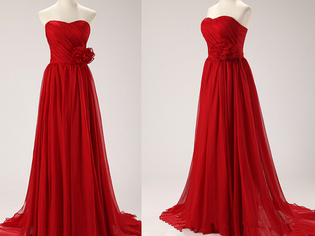 Delicate Red Sweetheart Chiffon Prom Gown, Red Prom Dresses 2015, Bridesmaid Dresses, Evening Dresses