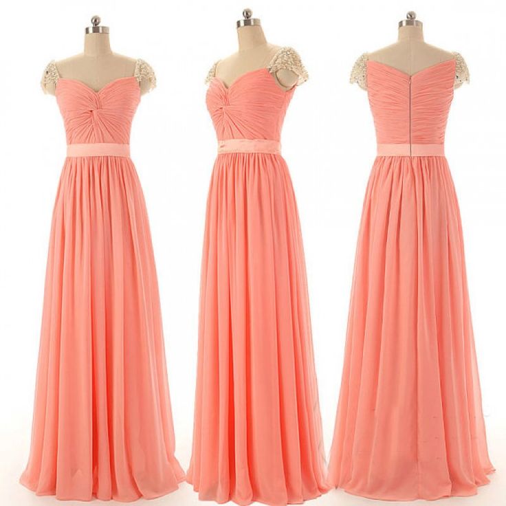 Simple Long Light Coral Cap Sleeve Bridesmaid Dresses, Bridesmaid Dresses, Chiffon Bridesmaid Dresses 2016