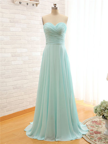 Simple Mint Blue Chiffon Floor Length Bridesmaid Dress With Ruched Sweetheart Bodice And Lace-up Back