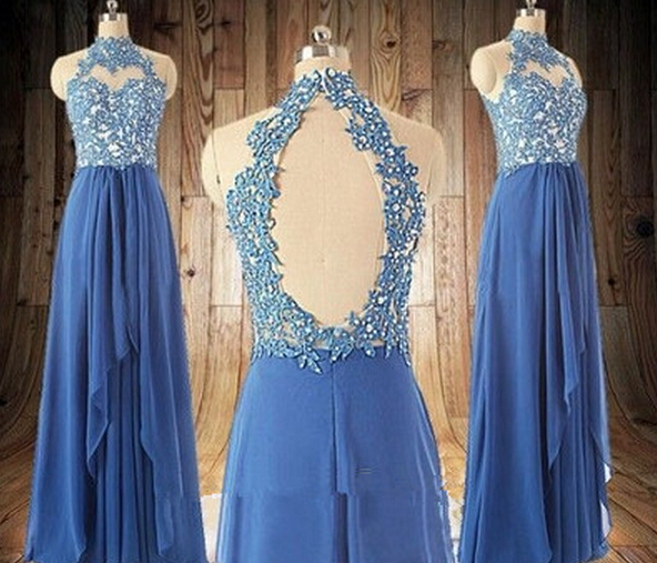 Beautiful Handmade Blue Halter Lace Applique Prom Gowns 2016, Prom Dresses 2016, Evening Gowns