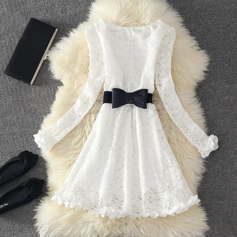 Cute White Long Sleeves Lace Dresses With Bow, Cute White Lace Dresses, Lace Dresses For Fall