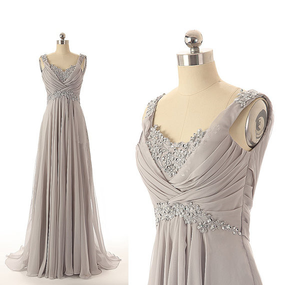 Elegant Grey Lace AApplique Beaded Prom Dresses, Grey Bridesmaid Dresses, Grey Formal Dresses, Grey Evening Dresses