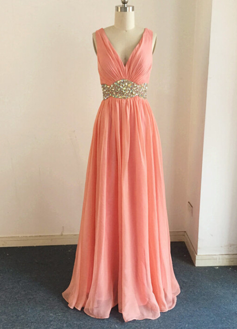 Beautiful Custom Made V-neckline Cross Back Long Prom Dress With Beadings, Long Prom Gowns, Prom Dresses 2016