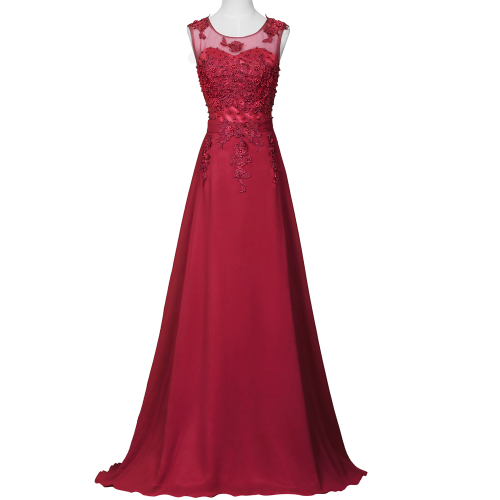 Burgundy Floor Length Chiffon A-Line Evening Dress Featuring Beaded Embellished Lace Appliqués Sweetheart Illusion Bodice. 