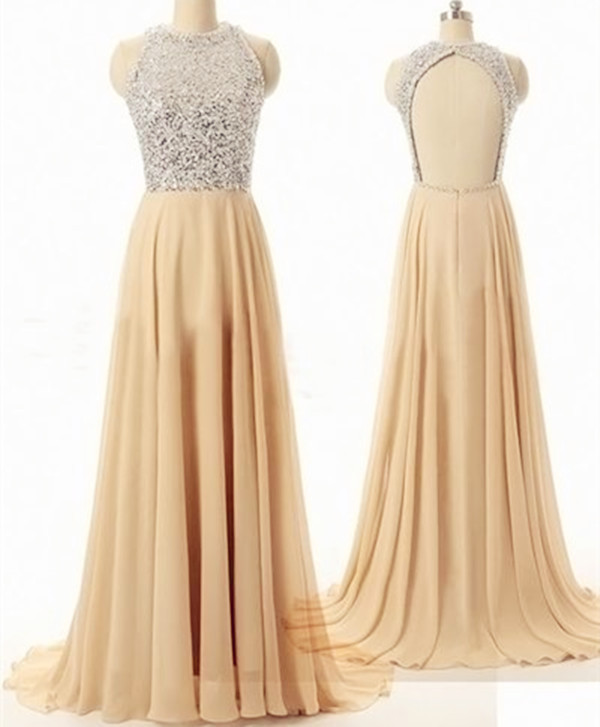 Beautiful Champagne Sequins Backless Prom Dresses 2016, A-line Floor-length Evening Dresses, Prom Dresses Gowns 2016