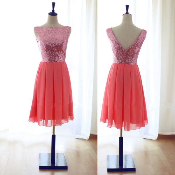 Lovely Short Coral Bridesmaid Dresses With Pink Sequins, Short Bridesmaid Dresses, Short Party Dresses