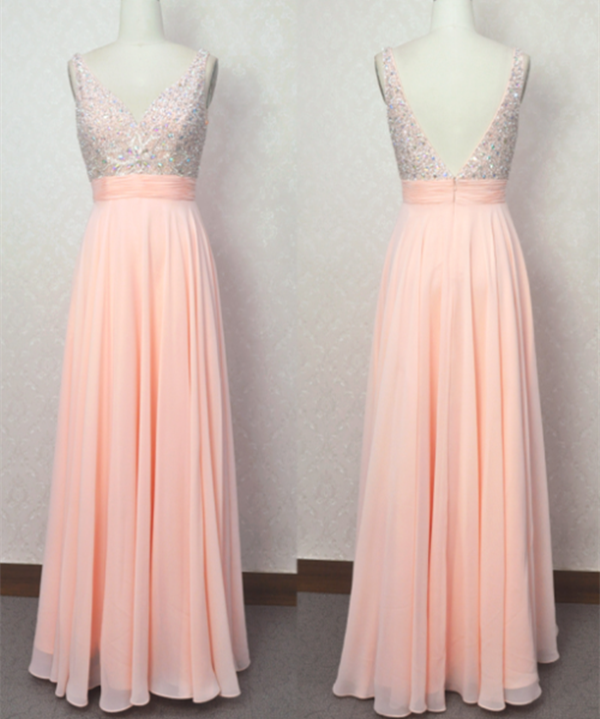 Beautiful Pink Long Chiffon Backless Prom Dresses 2016, Pink Prom Dresses, Evening Dresses 2016