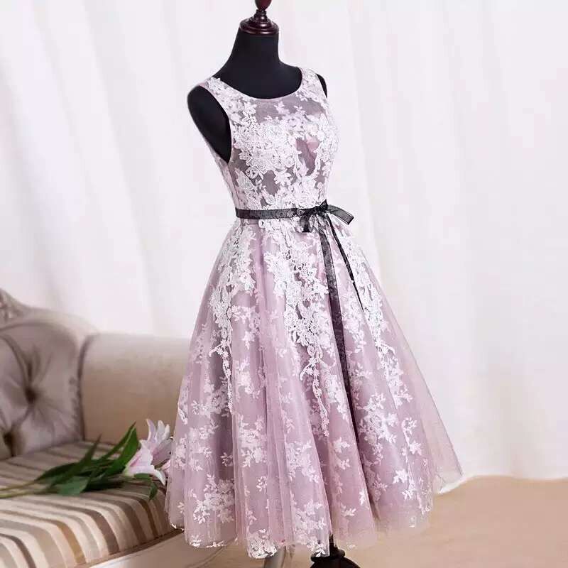 Charming Handmade Tea Length Tulle Pink Prom Dresses With Lace Applique, Prom Dresses, Homecoming Dresses