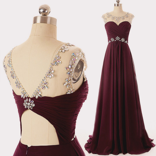 Lovely High Quality Maroon Long Chiffon Beaded Prom Dresses , Long Prom Gowns, Maroon Evening Dresses