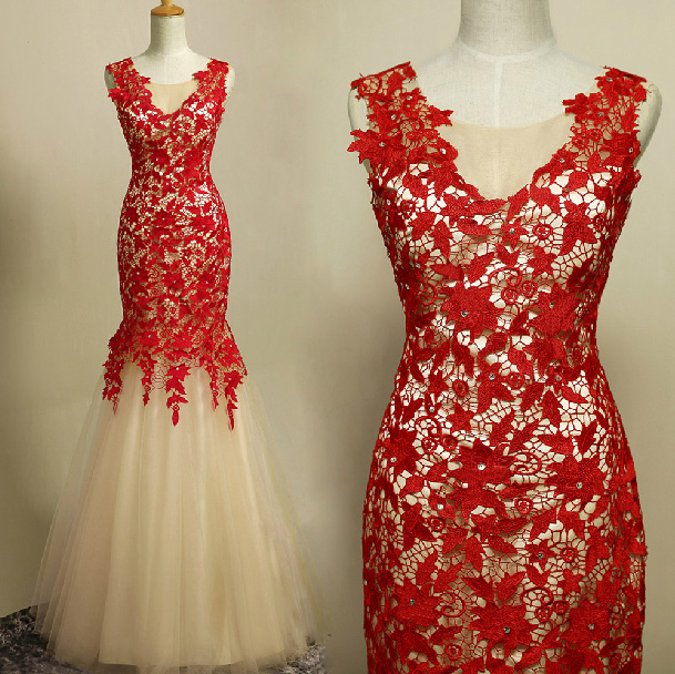 Elegant Handmade Mermaid Red Lace Prom Gown 2016, Prom Gowns 2016, Red Evening Gowns