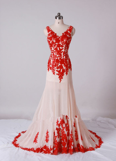 Beautiful Handmade V-neckline Prom Gown With Red Lace Applique, Red Prom Gowns, Formal Dresses, Party Dresses