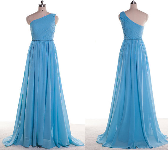 Beautiful Simple One Shoulder Chiffon Blue Long Bridesmaid Dresses, Blue Prom Dresses, Party Dresses