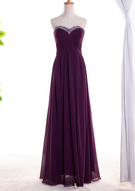 Pretty Simple Purple Long Chiffon Beaded Sweetheart Prom Dresses, Purple Prom Dresses, Party Dresses