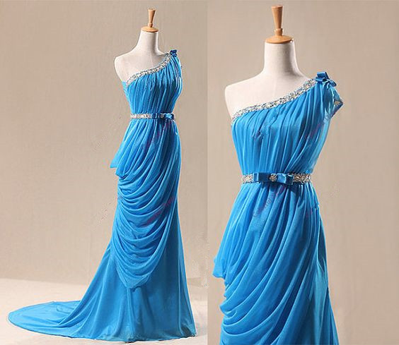 Elegant One Shoulder Blue Long Prom Gown With Belt, Blue Prom Gowns,prom Dresses 2017