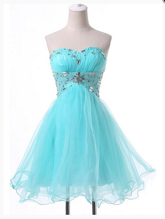 Light Blue Short Tulle Homecoming Dress Featuring Ruched Sweetheart Bodice With Beaded Embellishments And Lace-up Back