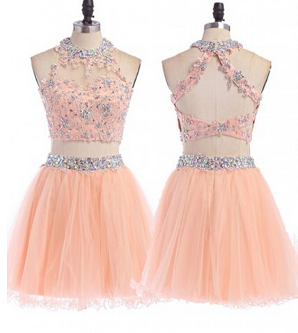 Blush Pink Two-piece Short Tulle Homecoming Dress With Halter Neckline And Iridescent Beads Embellishment