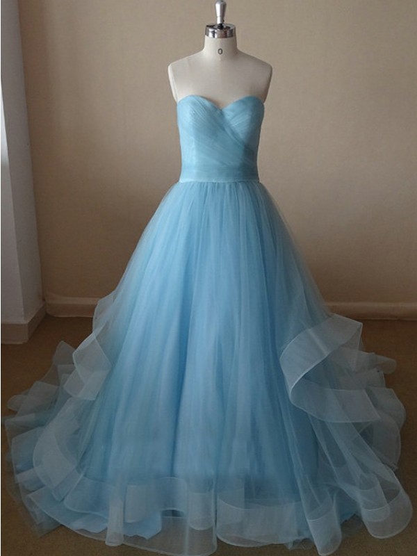 Beautiful Handmade Light Blue Tulle Prom Gowns 2017, Blue Prom Dresses, Evening Dresses