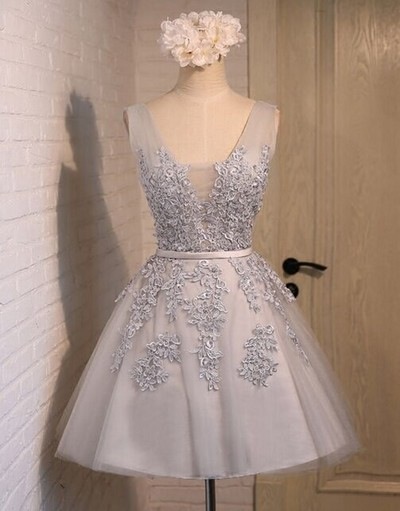 Lovely Grey Tulle Homecoming Dresses With Lace Applique, Short Homecoming Dresses, Party Dresses