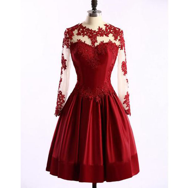 Elegant Long Sleeves Burgundy Knee Length Prom Dress With Lace Applique, Wine Red Homecoming Dresses, Short Party Dresses