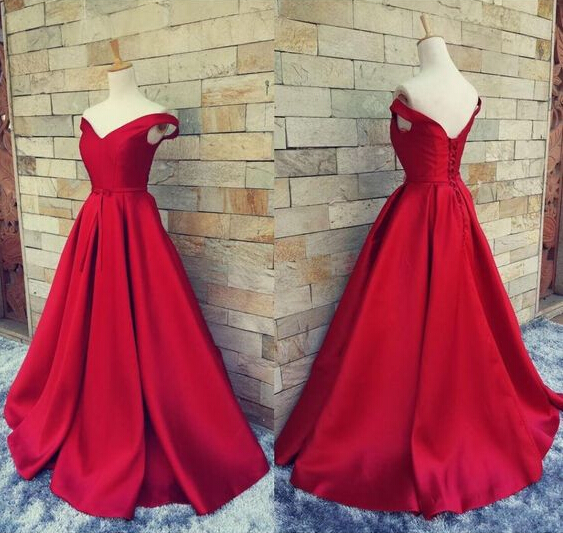 Charming Red Satin Off Shoulder Lace-up Long Prom Gowns, Red Prom Dresses, Party Dresses