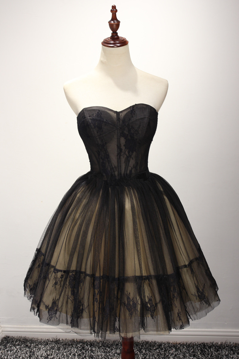 Cute Tulle Short Black Ball Gown Sweetheart Prom Dresses, Homecoming Dresses, Short Prom Dresses