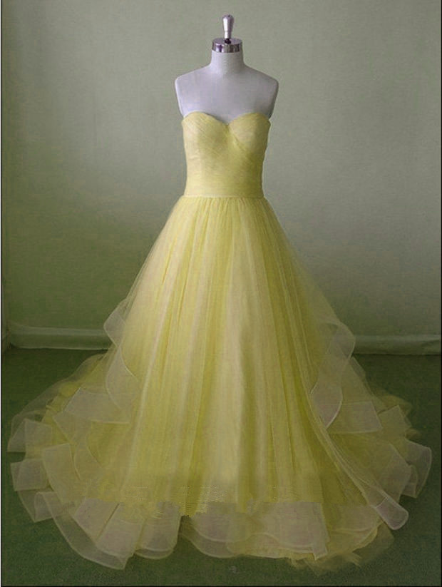 Beautiful Light Yellow Handmade Sweetheart Tulle Long Prom Gowns 2017, Prom Gowns 2017, Yellow Prom Dresses 2017, Party Gowns