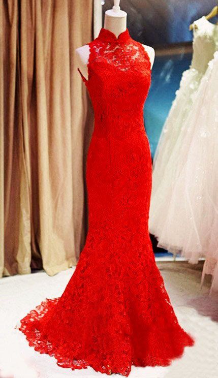 Beautiful Custom Made Lace Halter Mermaid Prom Dresses, Red Prom Gowns, Party Dresses, Red Evening Dresses
