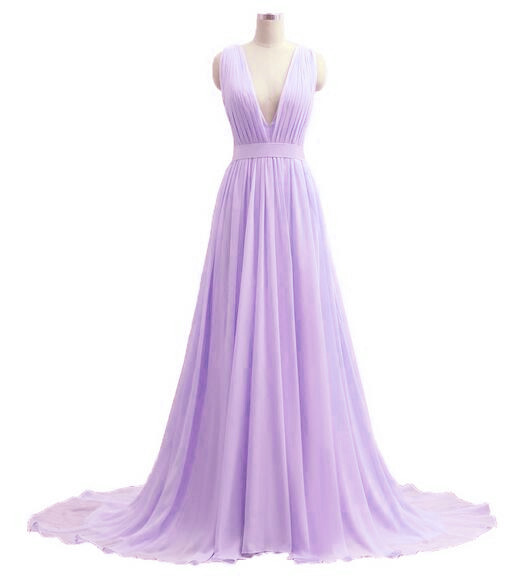 Beautiful Handmade Chiffon Lavender Long Prom Dress With V-back, Custom Lavender Party Dresses, Long Prom Dresses
