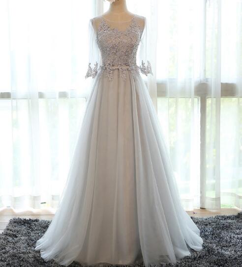 Beautiful Grey Tulle A-line Long Lace Applique Prom Dresses, Grey Tulle Party Gowns, Tulle Evening Dresses, Grey Prom Dresses