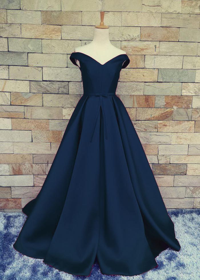Charming Navy Blue Satin V-neckline Off Shoulder Lace-up Prom Gowns, Navy Blue Prom Dresses 2017, Party Gowns, Evening Dresses