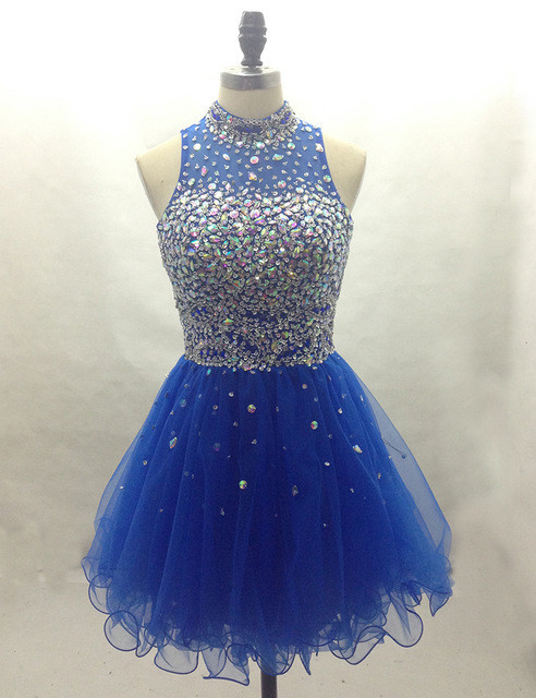 Cute Halter Royal Blue Tulle Short Sparkle Prom Dresses, Short Prom Dresses, Blue Homecoming Dresses