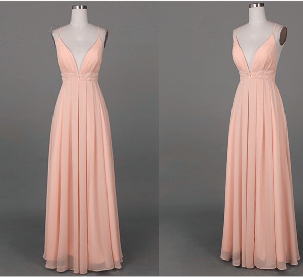 Elegant Pearl Pink Straps V-neckline Floor Length Prom Dress 2017, Pink Prom Gowns, Evening Formal Gowns