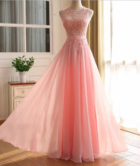 Elegant Chiffon Pink A-line Floor Length Long Party Dress, Prom Dress With Lace Applique, Style Prom Dress 2017