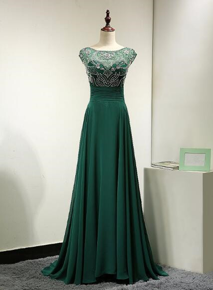 Beautiful Dark Green Beaded Backless Long Chiffon Prom Dress 2017, Green Party Dresses, Evening Gowns 2017
