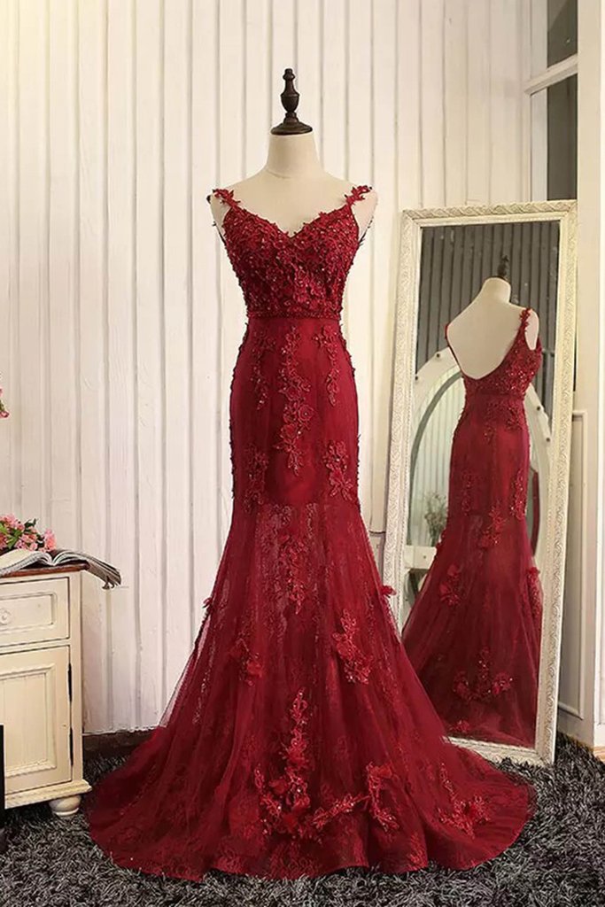 Gorgeous Tulle Mermaid Burgundy Lace Applique Prom Gowns, Burgundy Evening Gowns, Style Mermaid Party Dresses