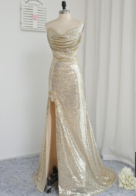 Charming Light Gold Sexy High Split Prom Dresses 2017, Sequins Party Dresses, Mermaid Evening Gowns