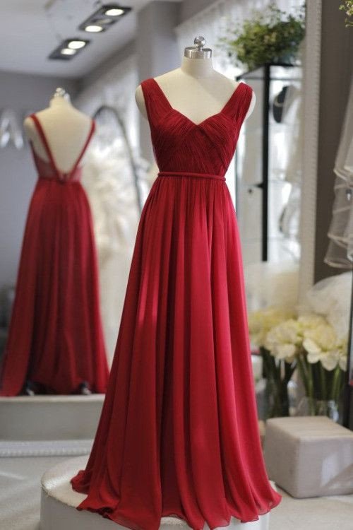 Gorgeous Wine Red Backless Straps Party Dresses, Wine Red Chiffon Long Formal Dresses, Burgundy Evening Gowns