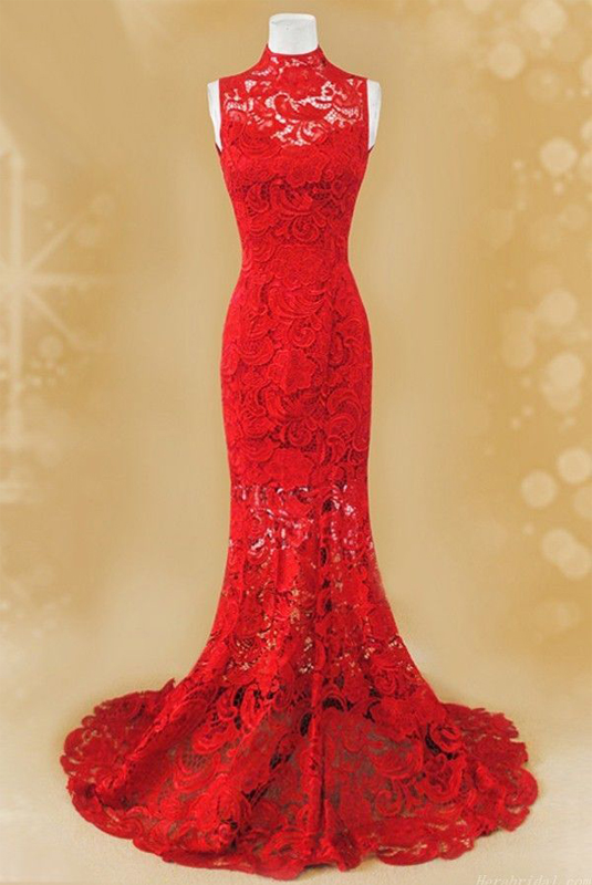 Pretty Red Lace Mermaid Party Gowns, Lace Formal Dresses, Red Long Prom Dresses 2017
