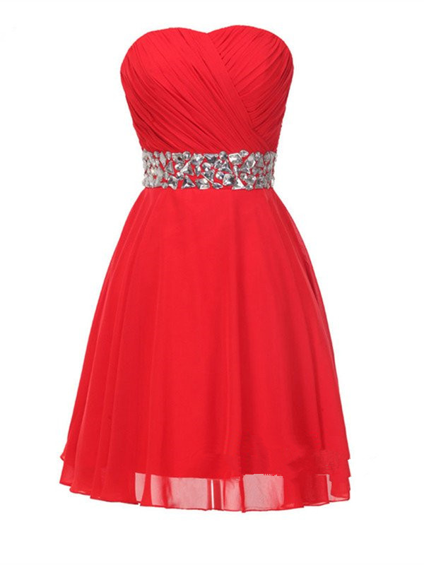 Red Chiffon Beaded Knee Length Prom Dresses, Red Homecoming Dresses, Teen Fashion Formal Dresses