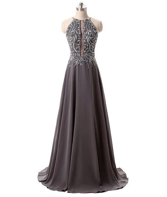 Delicate Beaded Straps Grey Chiffon Backless Floor Length Gowns, Grey Prom Dresses 2017, Beaded Party Dresses For Teen