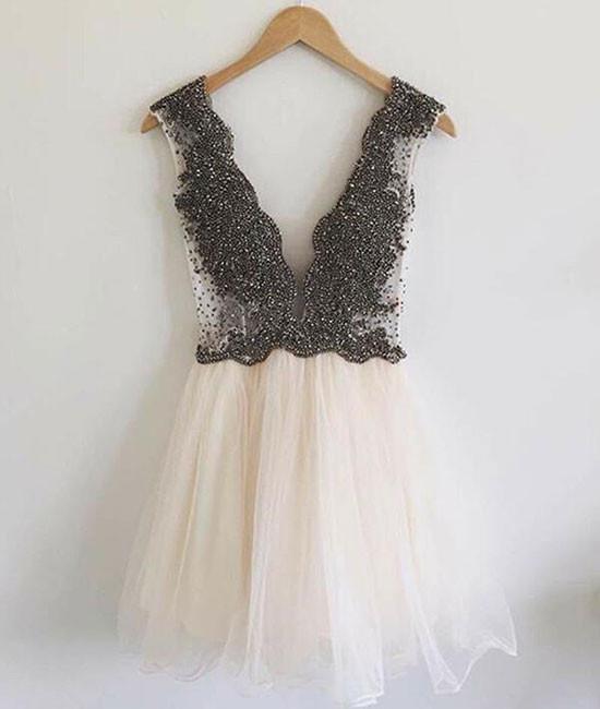 Lovely Black Beaded Custom Made Tulle Short Party Dresses, Tulle Homecoming Dresses, Sweet 16 Dresses