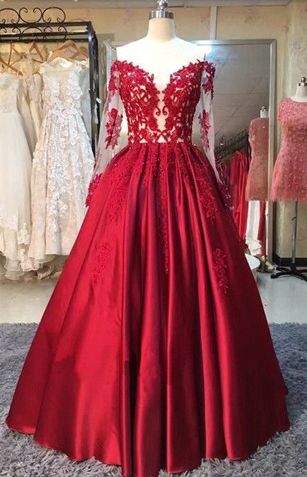 Gorgeous Red Satin Lace And Satin Floor Length Formal Gowns, Red Party Gowns, Evening Dresses, Prom Dresses