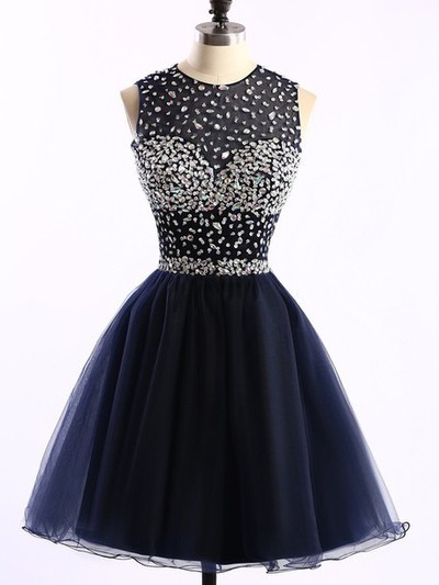 Lovely Tulle Short Navy Blue Beaded Prom Dresses, Homecoming Dresses, Sequins And Beaded Party Dresses