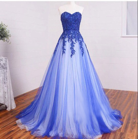 2017 Tulle Sweetheart Long Blue Lace Applique Party Gowns, Prom Dresses 2017, Formal Gowns 2017,modest Sweet 16 Dresses