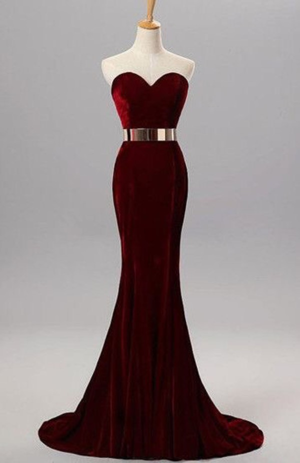 Burgundy Velvet Sweetheart Floor Length Trumpet Formal Dress Featuring Gold Belt, Prom Dress